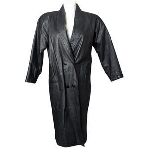 Vintage 90s Black Leather Longline Trench Coat Women PL Oversized Classic Retro